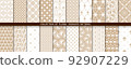 Geometric floral set of seamless patterns. White and gold backgrounds. Simple illustrations 92907229