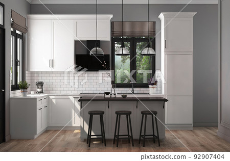 Dining room design with view white classic kitchen and island with chairs. High quality 3d rendering illustration light apartment. 92907404