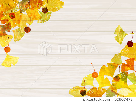 Ginkgo and ginkgo oil painting style corner frame background on horizontal white wood board 92907475