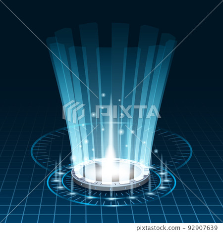 Futuristic portal sky-fi digital, circle science teleport tunnel with light rays and glows, podium, projector. Vector illustration, black blue background 92907639