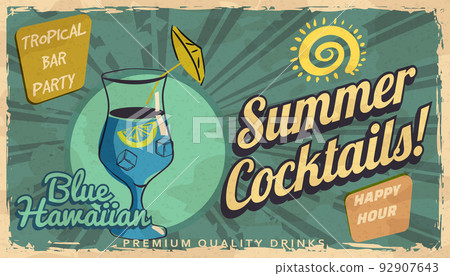 Summer Blue Hawaiian Cocktail Retro banner. Cocktail lounge vintage background, scratched old textured paper 92907643