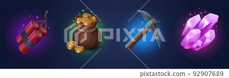 Game props icons dynamite, coins, pickaxe, crystal 92907689