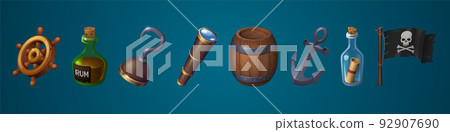Pirate icons with black flag, anchor and spyglass Pirate icons with black flag, anchor and spyglass 92907690