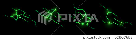 Green lightnings realistic set isolated on black Green lightnings realistic set isolated on black 92907695