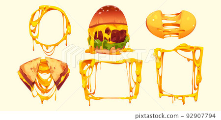 Set of melted cheese frames, burger and sandwich Set of melted cheese frames, burger and sandwich 92907794