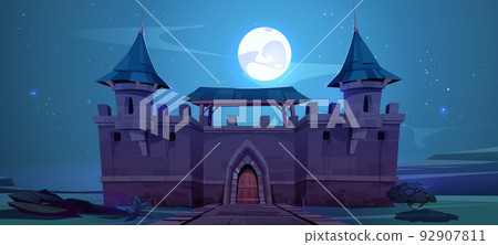 Medieval castle wall at night, fairytale fortress Medieval castle wall at night, fairytale fortress 92907811