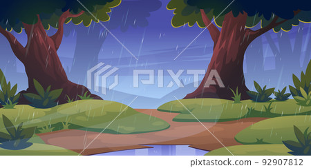 Forest landscape with trees and grass in rain Forest landscape with trees and grass in rain 92907812
