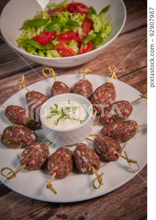 Recipe of kefta, beef skewer, Traditional homemade, with Greek yoghurt sauce, garlic, savory, Arabic 92907987