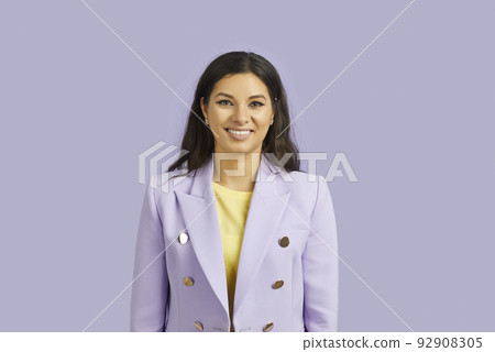 Portrait of attractive straight-haired brunette girl leader top director wearing purple blazer isolated over violet purple color background Portrait of attractive straight-haired brunette girl leader top director wearing purple blazer isolated over violet purple color background 92908305
