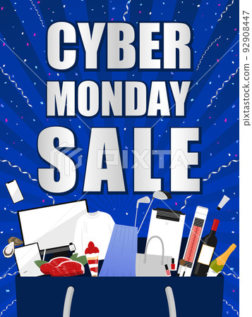 網絡星期一廣告模板/從購物袋藍色背景中彈出的各種物品（垂直方向） 92908447