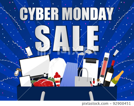 Cyber Monday advertisement template/various items popping out of shopping bag blue background (sideways) 92908451
