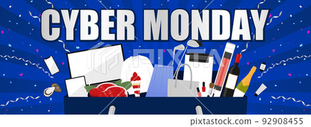 網絡星期一廣告模板/從購物袋藍色背景中彈出的各種物品（水平） 92908455