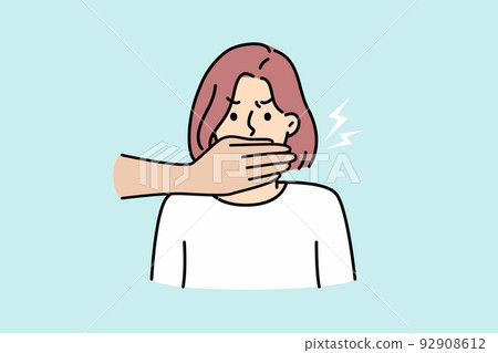 Hands cover woman mouth Hands cover woman mouth 92908612