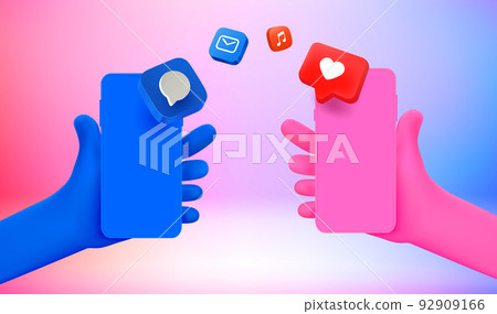 People using smartphones for file sharing. 3d vector illustration with holographic effect 92909166