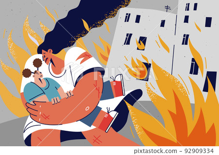 Caring mother save child from burning house Caring mother save child from burning house 92909334