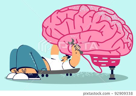 Man repairing brain with tools Man repairing brain with tools 92909338