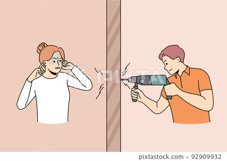 Woman annoyed with loud neighbor drilling  92909932