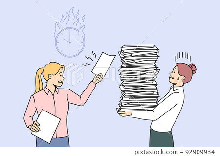 Stressed woman employee tired with paperwork  92909934