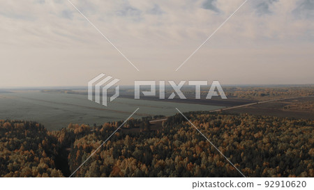 Road between yellow and green autumn forest and fields in Ural 92910620