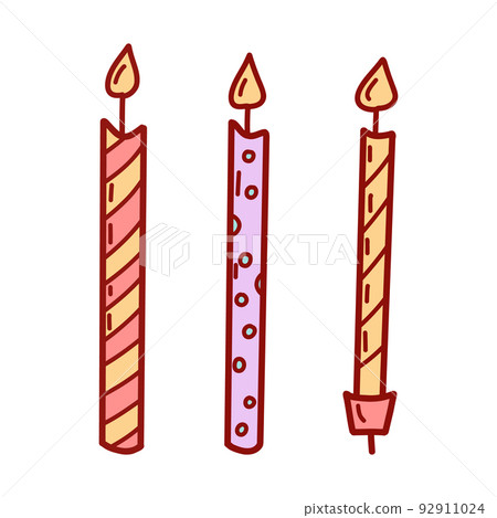 Birthday cake candles with burning flames. Flat vector illustration 92911024