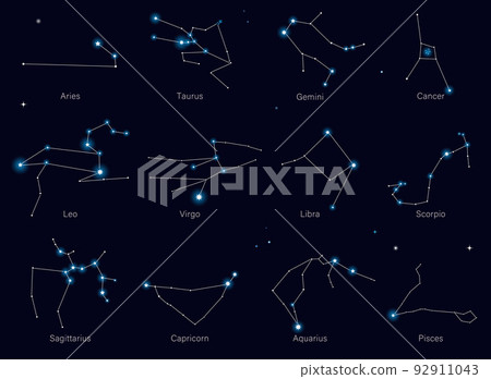 Twelve constellations constellation line set illustration black background horoscope constellation 92911043