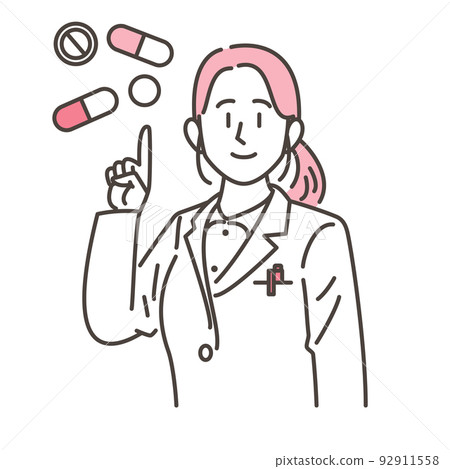 A female pharmacist in a white coat who makes a pointing pose with a smile [vector illustration material] 92911558
