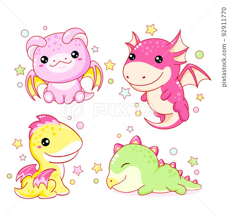 Set of kawaii fairy tale characters. Collection of funny happy baby dragons Set of kawaii fairy tale characters. Collection of funny happy baby dragons 92911770