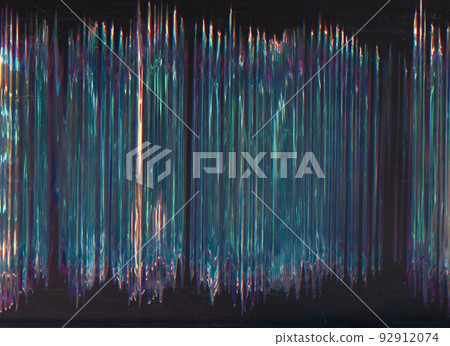 Glitch noise overlay. Old film texture. Analog distortion. Neon purple blue orange color vibration lines dust scratch artifacts on dark black illustration abstract background. Glitch noise overlay. Old film texture. Analog distortion. Neon purple blue orange color vibration lines dust scratch artifacts on dark black illustration abstract background. 92912074