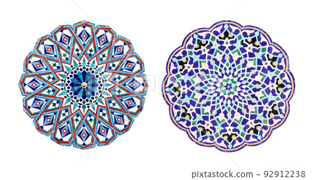 Set of round detail of ancient mosaic walls with floral and geometric ornaments Set of round detail of ancient mosaic walls with floral and geometric ornaments 92912238