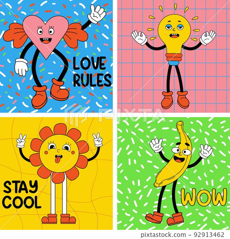 Set groovy retro cartoon stickers with funny comic characters with faces, gloved hands and feet. Trendy cartoon power flowers, heart, banana. Vector Sticker pack, posters 92913462