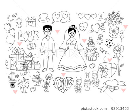 Wedding doodle set. Newlyweds, bride in wedding dress and groom, gifts and wedding rings, gender signs, wedding cake, brides bouquet, heart and rose. Isolated vector linear hand drawings 92913463