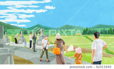 Hand-drawn watercolor illustration of people visiting graves in Obon 92913840
