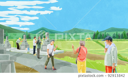 Hand-drawn watercolor illustration of people visiting graves in Obon 92913842