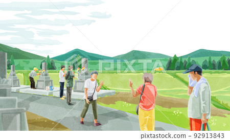 Hand-drawn watercolor illustration of people visiting graves in Obon Hand-drawn watercolor illustration of people visiting graves in Obon 92913843