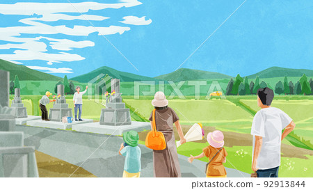 Hand-drawn watercolor illustration of people visiting graves in Obon 92913844