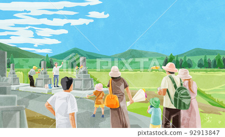 Hand-drawn watercolor illustration of people visiting graves in Obon 92913847