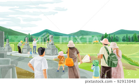 Hand-drawn watercolor illustration of people visiting graves in Obon 92913848