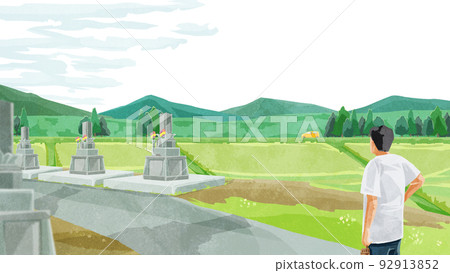 Hand-drawn watercolor style illustration of a person visiting a grave in Obon Hand-drawn watercolor style illustration of a person visiting a grave in Obon 92913852