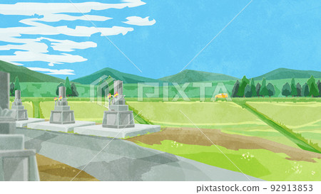 Rural Japanese landscape with a grave hand drawn watercolor style illustration Rural Japanese landscape with a grave hand drawn watercolor style illustration 92913853
