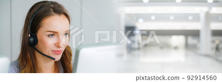 Business people wearing headset working in office in widen view Business people wearing headset working in office in widen view 92914560