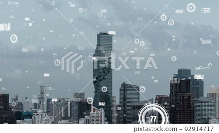 Business data analytic interface fly over smart city showing alteration future Business data analytic interface fly over smart city showing alteration future 92914717