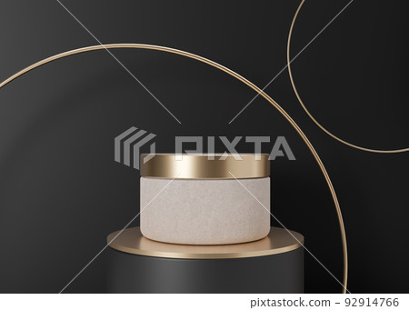 Blank, unbranded cosmetic cream jar standing on golden podium. Skin care product presentation. Elegant mockup. Skincare, beauty and spa. Jar with copy space. 3D rendering. 92914766