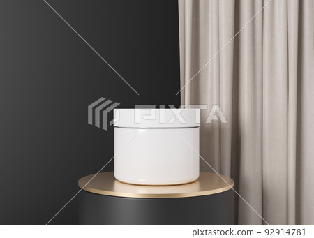 White and blank, unbranded cosmetic cream jar standing on golden podium. Skin care product presentation. Elegant mockup. Skincare, beauty and spa. Jar with copy space. 3D rendering. 92914781