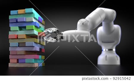 The tower from wooden multi colored blocks and robotic arm take one block 92915042