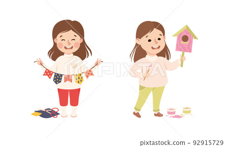 Creative Girl Showing Paper Garland and Built Nesting Box as Handcrafted Item Vector Set Creative Girl Showing Paper Garland and Built Nesting Box as Handcrafted Item Vector Set 92915729
