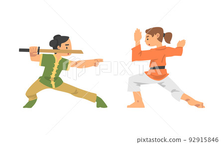 Woman Character Engaged in Combat Sport or Fighting Sport Vector Set 92915846