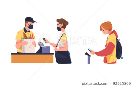 Man and Woman Character Using Contactless Payment with Smartphone for Coronavirus Prevention Vector Set Man and Woman Character Using Contactless Payment with Smartphone for Coronavirus Prevention Vector Set 92915869