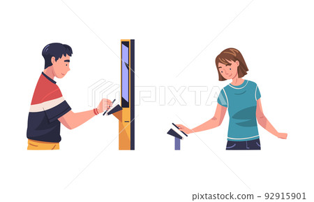 Man and Woman Character Using Contactless Payment with Smartphone for Coronavirus Prevention Vector Set 92915901
