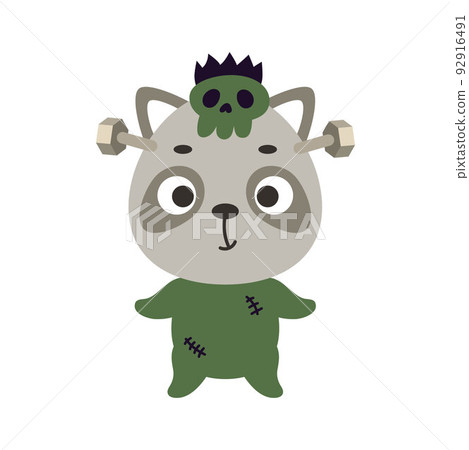 Cute little Halloween raccoon in a Frankenstein costume. Cartoon animal character for kids t-shirts, nursery decoration, baby shower, greeting card, invitation. Vector stock illustration 92916491