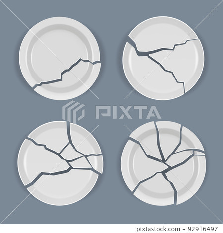 Crack plates. Realistic damaged dishware table wrek kitchen utensil decent vector templates of broken plates top view Crack plates. Realistic damaged dishware table wrek kitchen utensil decent vector templates of broken plates top view 92916497